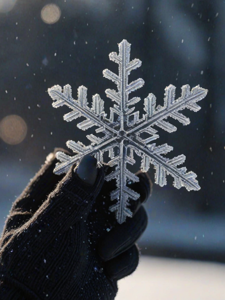 Sharp, detailed close-up of a single snowflake on a dark woolen glove, its intricate patterns illuminated by soft winter light, with distant snow falling gently in the background.