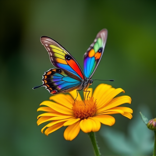 a colorful butterfly perched on a vibrant yellow flower with a soft blurred background