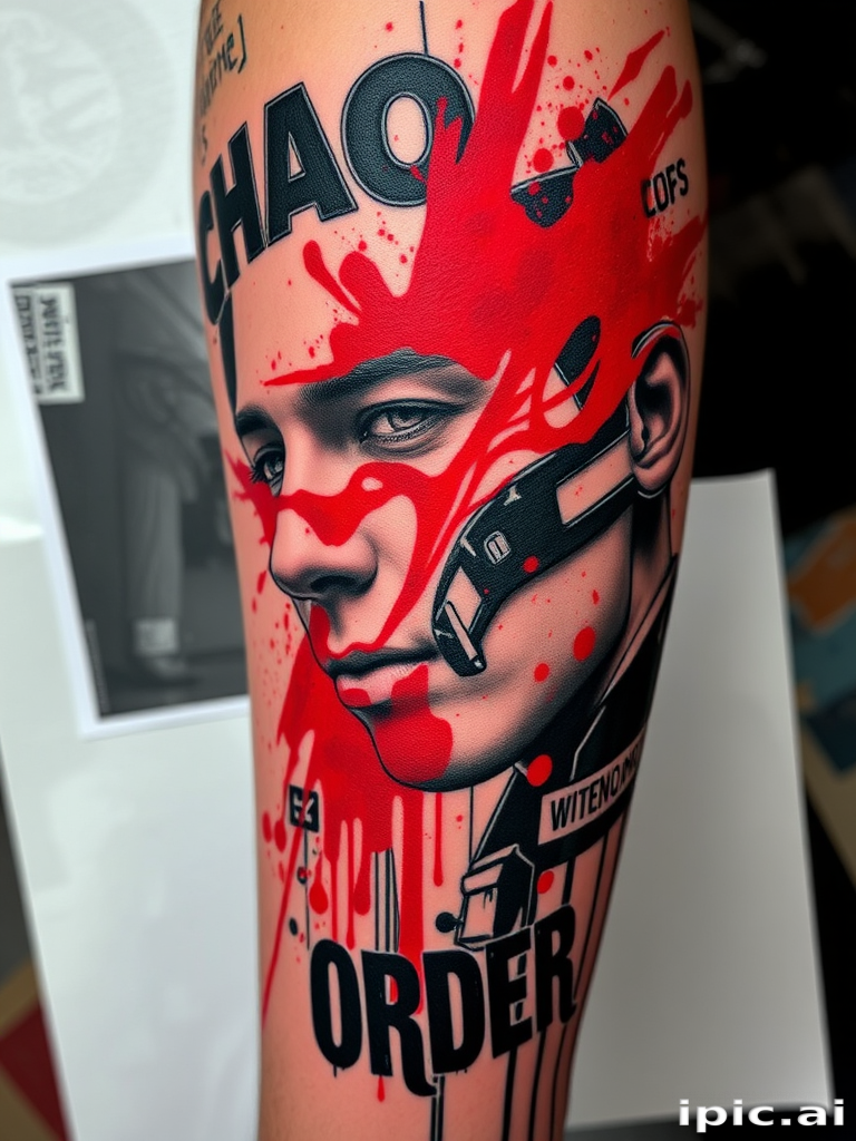 Trash polka tattoo titled "Chaos and Order" featuring a striking combination of realistic portraiture and abstract elements, with bold splashes of vibrant red ink contrasting against black and gray photorealistic details, incorporating typography and geometric shapes to create a dynamic and visually arresting composition, utilizing negative space and deliberately "unfinished" areas to add to the raw and edgy aesthetic, ideal for those seeking a bold and unconventional tattoo style that pushes the boundaries of traditional design