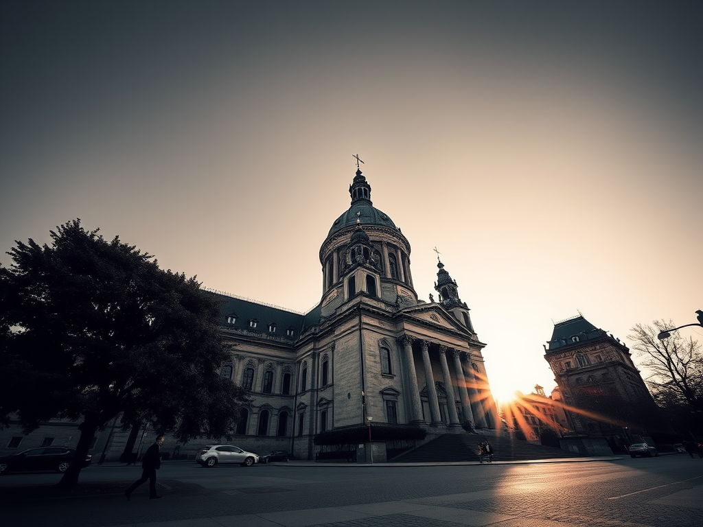 Capture a low-angle view of the Frauenkirche in Dresden during golden hour, with a wide aperture of f/2.8, ISO 100, shutter speed 1/200s, using a full-frame DSLR camera in monochrome style to enhance contrast and detail.