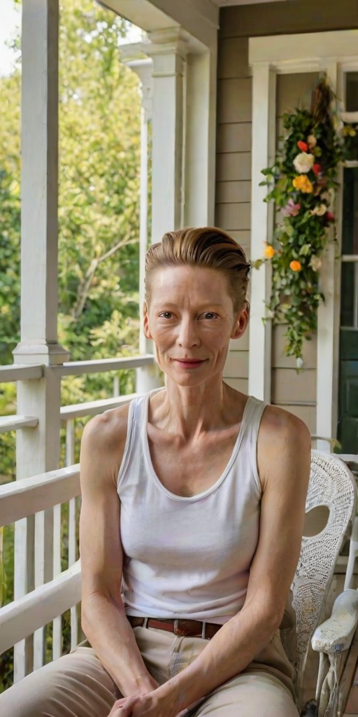 A photo of Tilda Swinton with a background of a cozy porch. She has dark hair pulled back in an updo, with tendrils framing her face. She wears a white tank top and sits on the porch. The porch is part of a well-lit home with a warm, earthy tone and colorful flowers and foliage. The overall scene has a warm, welcoming, and comfortable ambiance.