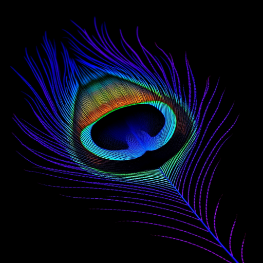 Create a vibrant peacock feather design with rich blue and purple hues on a black background, using a DSLR camera with a 50mm lens, aperture set to f/1.8, ISO 100, and a shallow depth of field for enhanced detail and color saturation.