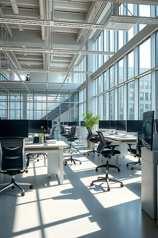 interior office space with modern desks, ergonomic chairs, computer monitors, natural light streaming through large windows, minimalistic decor, soft shadows, photograph taken with a Canon EOS R5, 24mm lens, f/8 aperture, ISO 100, high dynamic range imaging