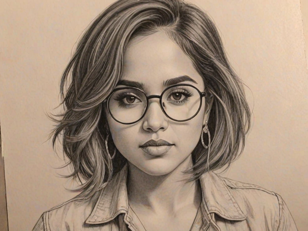 Ravishing Becky G, pencil sketch, portrait of Ravishing woman 1931s in glasses, hair style beatnik, outline, clear lines, fine lines, 8k