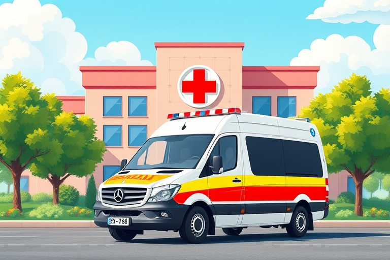 Create a high-resolution illustration of a modern ambulance parked in front of a stylized hospital with a red cross symbol, surrounded by green trees and a clear blue sky, using a vibrant color palette, shot with a Canon EOS R6 at f/8, ISO 100, 35mm lens, daytime lighting.