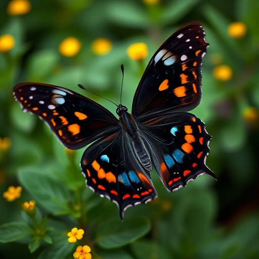 Generate an image of a butterfly with black wings featuring blue and orange spots, resting on green foliage with small yellow flowers in the background. The scene should have a soft focus, capturing the natural beauty of the butterfly and its surroundings.