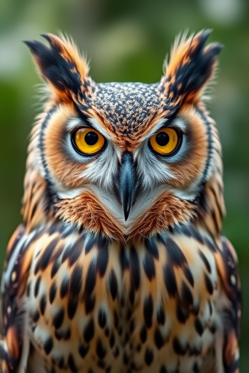 A close-up shot of a regal owl with striking yellow eyes, set against a blurred natural background; camera settings: aperture f/2.8, shutter speed 1/250s, ISO 400; camera view: eye-level; camera style: portrait; camera type: DSLR.