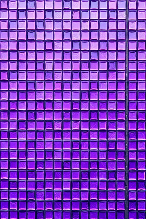 Generate a high-resolution image of a shimmering purple mosaic pattern with glossy, reflective tiles arranged in a swirling design, taken with a DSLR camera at 50mm focal length, f/1.8 aperture, ISO 100, using a shallow depth of field and top-down view for enhanced texture.