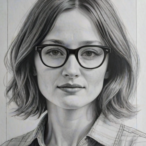 Radiant Emily Mortimer, pencil sketch, portrait of Enticing woman 1968s in glasses, hair style beatnik, outline, clear lines, fine lines, 8k