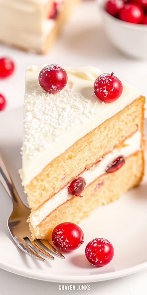 A slice of layered cake with creamy frosting decorated with fresh cranberries and a dusting of sugar served on a white plate with a fork beside it in a bright setting.
