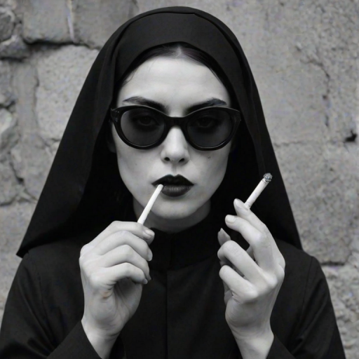 italian film nun, chinese vintage sunglasses, cool model face, hold a cigarette in mouth, gothic black and white style, Kaete Butcher, deconstructive, film/ video, pastoral charm, anti - aesthetic, tightly cropped composition, deconstructed pop style, Gustave Moreau, exaggerated features