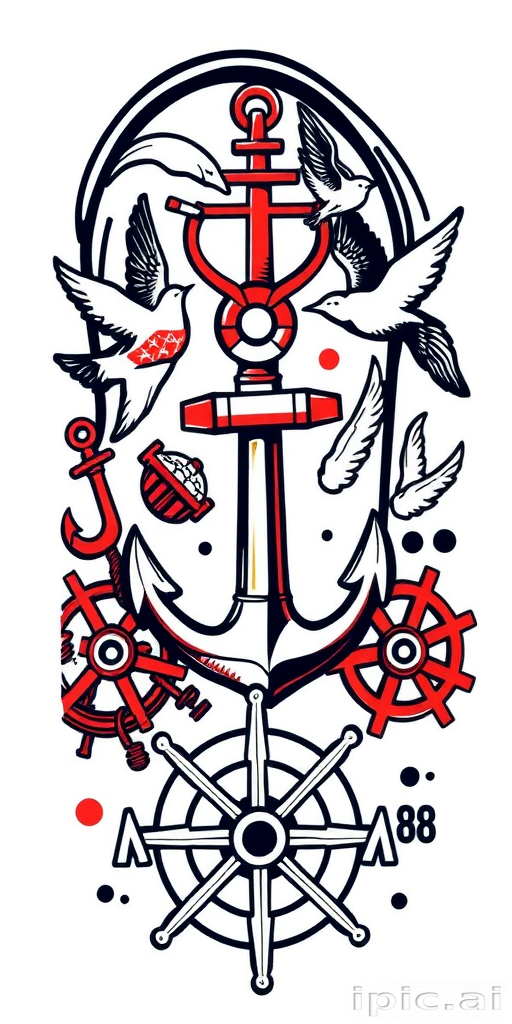 Vintage sailor Jerry-inspired half sleeve featuring classic nautical elements like anchors, swallows, and ship wheels in bold primary colors with heavy black outlines