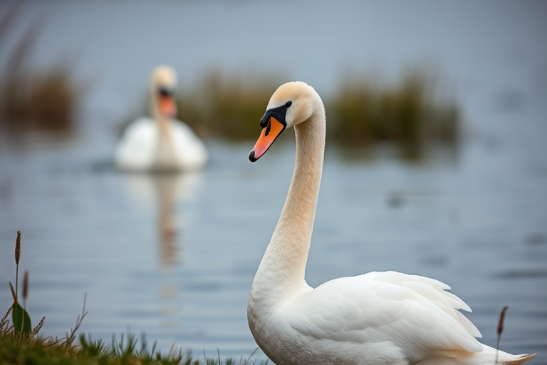 Create a serene lakeside scene featuring two swans, one in the foreground elegantly posing with its head slightly turned and the other softly blurred in the background, captured with a Canon EOS 5D Mark IV, 50mm lens, f/2.8 aperture, ISO 200, and a shallow depth of field to enhance the softness of the water and grass.