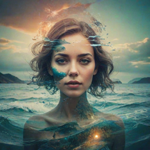create Book cover, A surreal double exposure portrait that blends a woman's face with a beautiful seascape. The overall mood is dreamy and mystical, with rich colors and intricate details