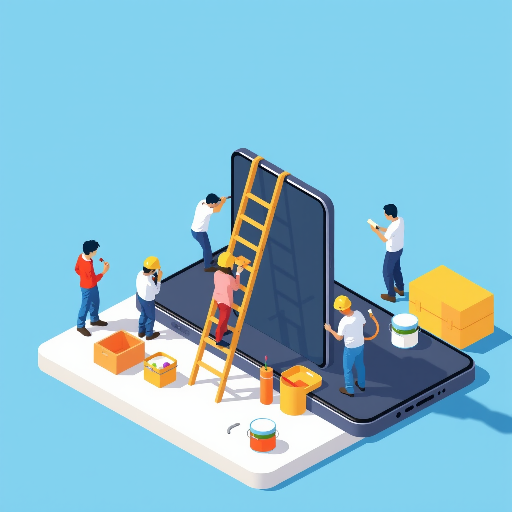 Create an illustration of people working on a large smartphone interface with a ladder, toolboxes, and paint cans in a flat design style, using an isometric view with a clean blue background, set at f/8 aperture, ISO 200, 24mm focal length, and optimized for digital artwork.