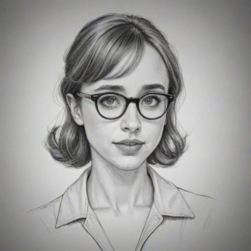 Graceful Zoe Kazan, pencil sketch, portrait of Gorgeous woman 1953s in glasses, hair style beatnik, outline, clear lines, fine lines, 8k