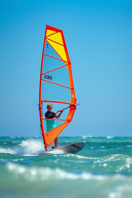 windsurfing action shot in vibrant colors, sunny day, clear blue sky, shallow depth of field, ISO 100, f/4, 1/1000 sec, 24mm lens, DSLR camera, landscape orientation, high-resolution quality