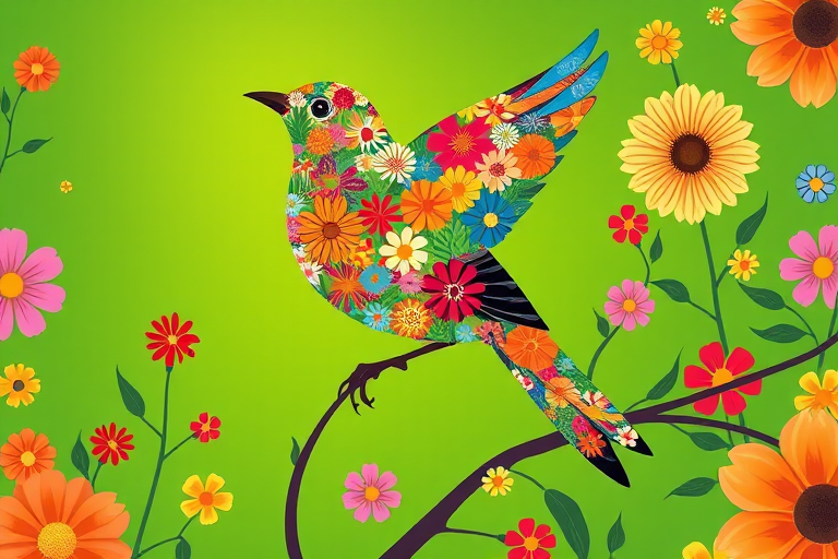 Create a colorful illustration of a bird filled with various flower patterns set against a vibrant green background using a digital drawing tablet, high resolution, with a vibrant color palette and soft shading effects.