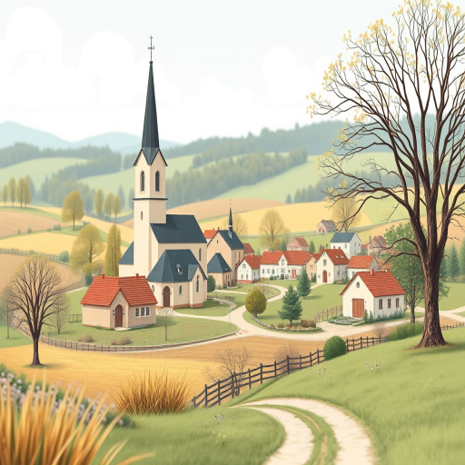 create a detailed vector illustration of a serene countryside scene featuring a quaint village with a church and nearby houses, using soft pastel colors and smooth lines, shot with a digital camera at 50mm, f/8 aperture, ISO 200, and a slight tilt-shift effect for depth.