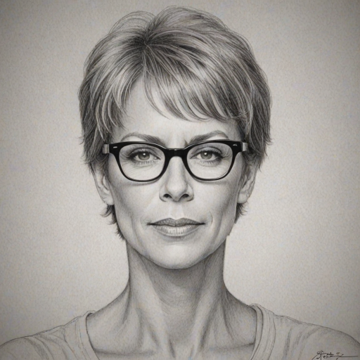 Pleasing Jamie Lee Curtis, pencil sketch, portrait of Wonderful woman 1925s in glasses, hair style beatnik, outline, clear lines, fine lines, 8k