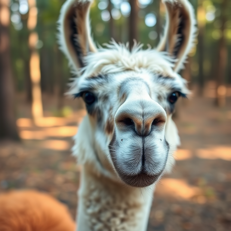 A close-up shot of a llama's head in a natural forest setting, with soft lighting and a shallow depth of field, taken with a DSLR camera, 50mm lens, aperture f/2.8, ISO 200, with a focus on the llama's facial features and a blurred background.