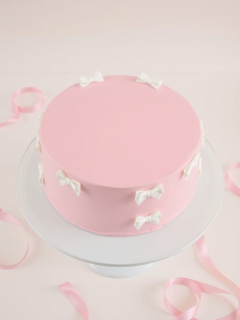 Create an image of a round cake with a smooth pink icing finish decorated with small white bows arranged in a grid pattern on the sides. The cake is displayed on a white plate with a soft pastel background and a few pink ribbons scattered around.