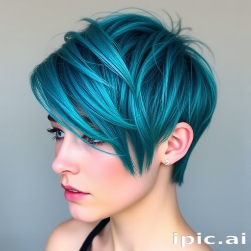 Stunning pixie cut with vibrant teal highlights, textured layers creating a messy yet chic look, emphasizing facial features and showcasing a bold personality