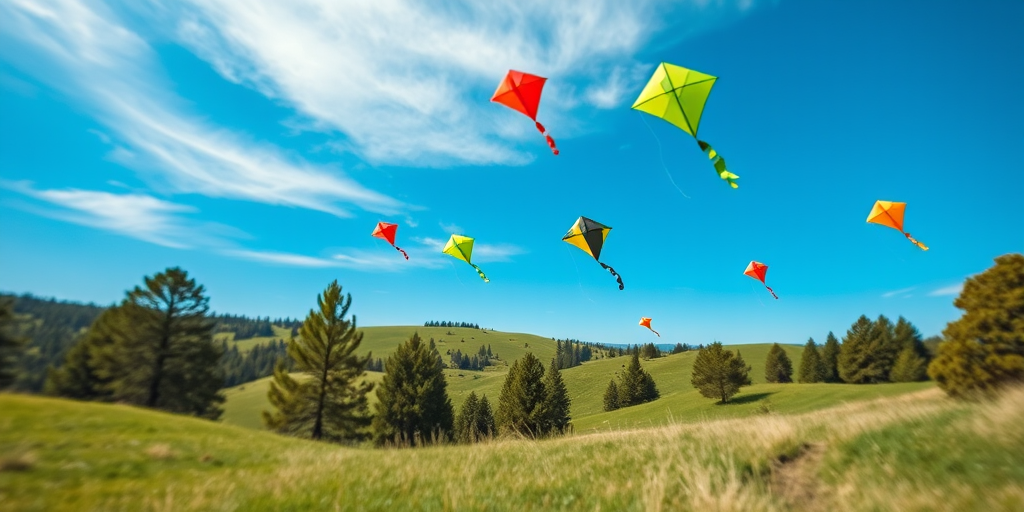 Create a vibrant outdoor scene featuring colorful kites flying in a clear blue sky above rolling green hills, surrounded by lush pine trees, captured with a DSLR camera, aperture f/8, ISO 100, 24mm lens, and a slight tilt-shift effect for enhanced depth.