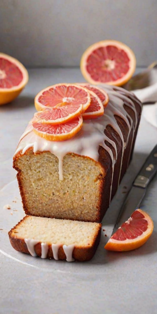 Generate an image of a loaf cake with a light glaze drizzled on top. The cake should be decorated with slices of pink grapefruit arranged neatly on the surface. The scene should have a clean and bright aesthetic, with a simple background to emphasize the cake. Include a small serving knife beside the loaf.