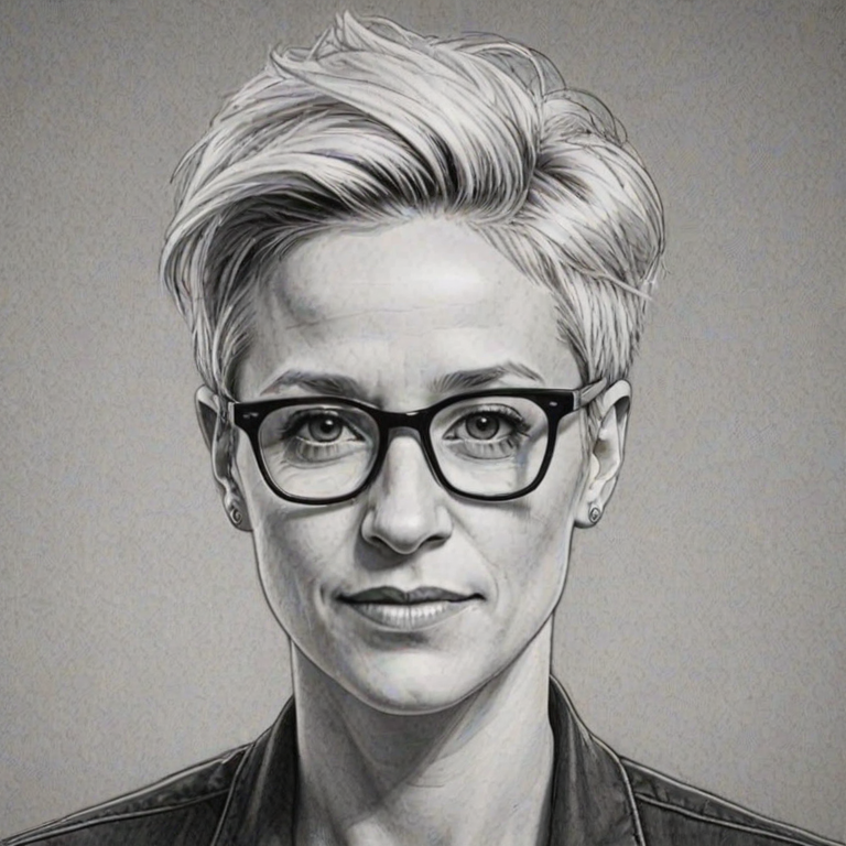 Beauteous Megan Rapinoe, pencil sketch, portrait of Stunning woman 1946s in glasses, hair style beatnik, outline, clear lines, fine lines, 8k