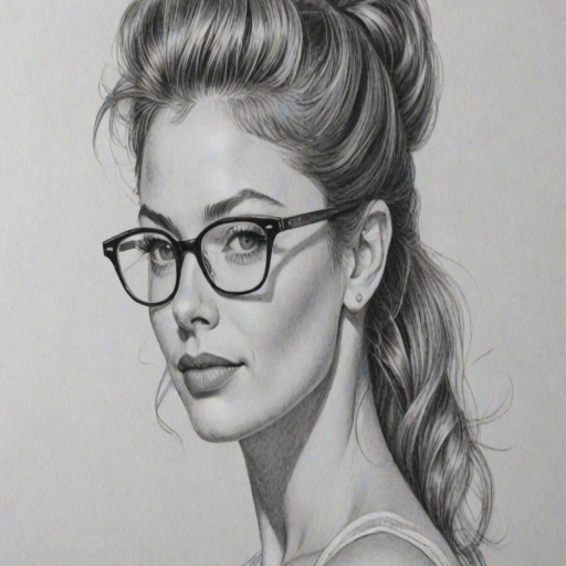 Enticing Rebecca Gayheart, pencil sketch, portrait of Enticing woman 1957s in glasses, hair style beatnik, outline, clear lines, fine lines, 8k