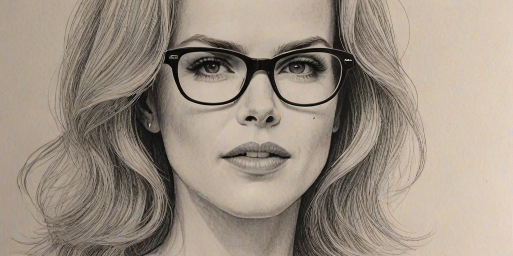 Enticing Nicole Kidman, pencil sketch, portrait of Gorgeous woman 1977s in glasses, hair style beatnik, outline, clear lines, fine lines, 8k