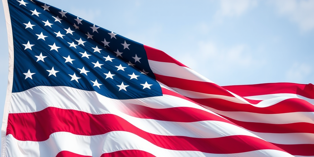 Generate an image of a waving American flag using a DSLR camera with a focal length of 50mm, aperture set to f/8, ISO 100, and a soft, natural light view to enhance the colors and details.