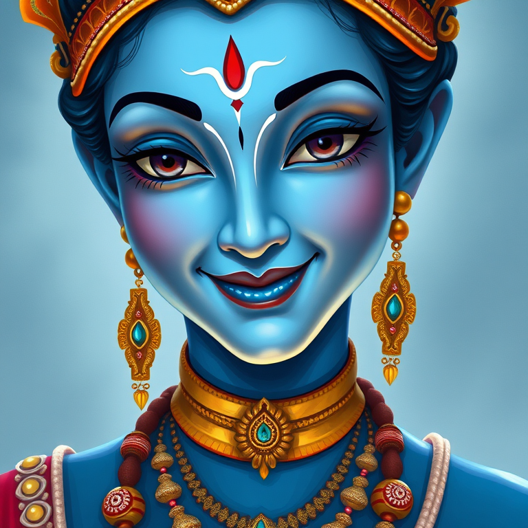 Create a vibrant illustration of a serene blue-skinned deity with a gentle smile, adorned with traditional jewelry, featuring intricate details, shot in high resolution, at f/1.8 aperture, 50mm lens, natural light, portrait orientation.