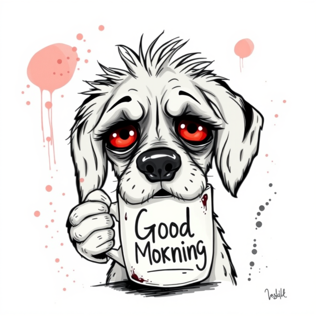 A quirky, artistic illustration of a disheveled bagle hound dog breed with exaggerated, large eyes and spiky fur, holding a coffee mug that reads "Good Morning". The dog has a tired but humorous expression, with ink splatters and abstract details surrounding it, giving a whimsical feel to the image. The color palette is mostly monochrome with hints of red in the eyes and steam rising from the mug, enhancing the overall sleepy vibe