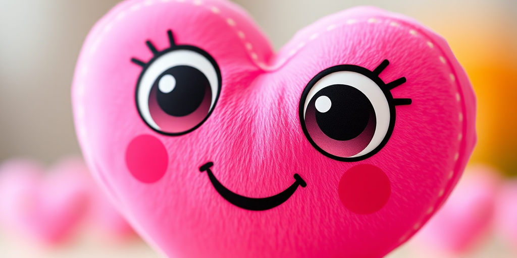 Create a cute, cartoonish heart character with large eyes and a smiling face, bright pink color and white outline, shot with a Canon EOS R5, 50mm lens, f/1.8 aperture, ISO 100, in a soft focus style.