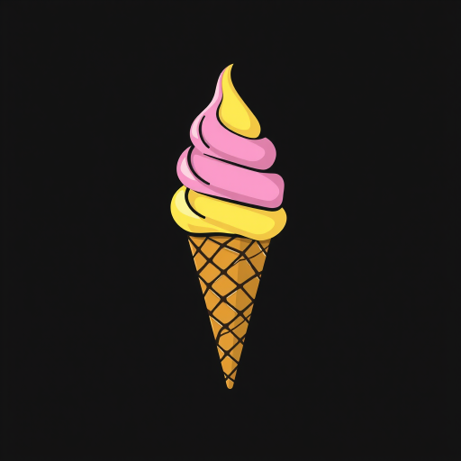 Generate a high-quality illustration of an ice cream cone with a pink and yellow scoop on a plain black background, use a Canon EOS R5 camera, 50mm lens, f/2.8 aperture, ISO 100, and a soft focus style for enhanced image quality.