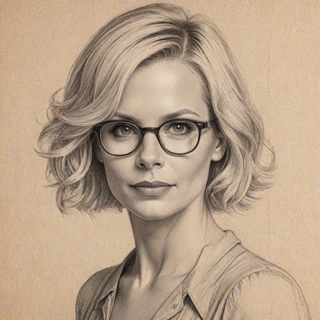 Bewitching Monica Potter, pencil sketch, portrait of Stunning woman 1923s in glasses, hair style beatnik, outline, clear lines, fine lines, 8k