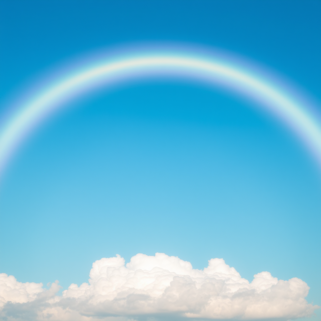 Create a vibrant rainbow arching across a clear blue sky with fluffy white clouds at the bottom, using a DSLR camera with a 50mm lens, aperture set to f/2.8, ISO 100, and a soft focus effect for depth.