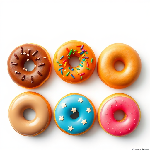 Create a high-resolution illustration of six different donuts arranged in two rows, featuring a chocolate donut with sprinkles, an orange icing donut with colorful sprinkles, a plain donut, a blue icing donut with stars, a glazed donut, and a strawberry icing donut, using a Canon EOS R5, f/4 aperture, ISO 100, and 50mm lens, with a soft light setup to enhance colors and details.