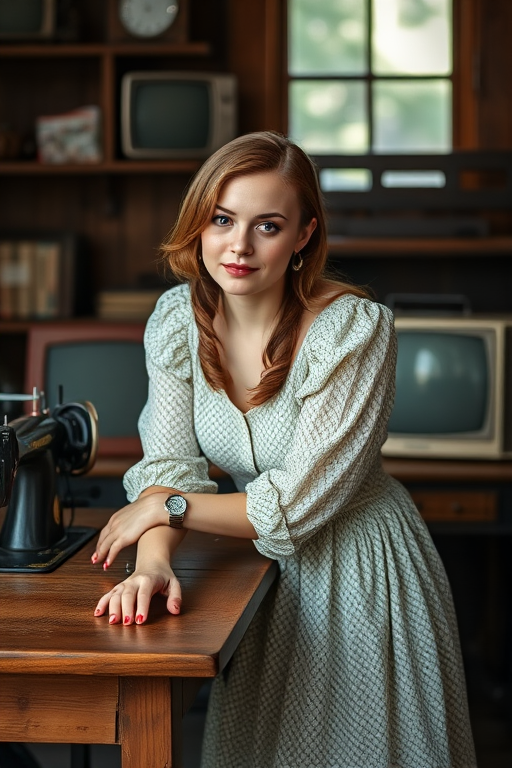 A woman in a vintage dress leaning on a wooden table with old sewing machines and a vintage television in the background, captured with a Canon EOS R, 50mm lens, f/1.8 aperture, ISO 200, natural light, shallow depth of field, soft focus.