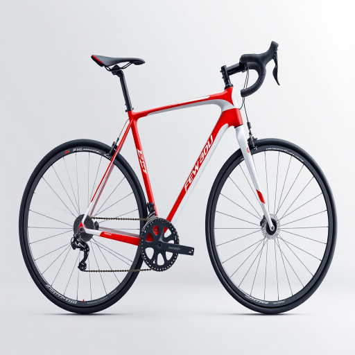 Create a high-resolution illustration of a sleek, modern road bicycle with a red and white frame, captured in a side view, using an 85mm lens, f/8 aperture, ISO 100, with a soft gradient background to enhance focus on the bicycle.