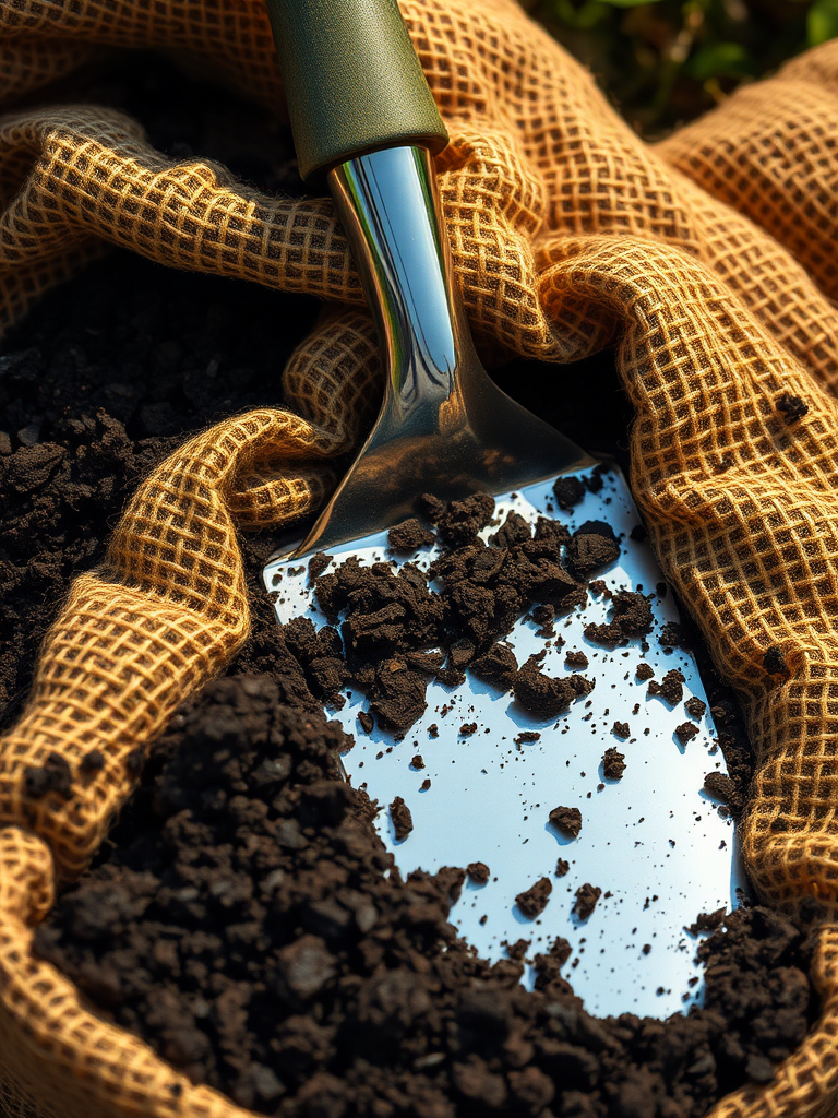 Create a detailed illustration of a burlap sack filled with rich, dark soil, featuring a shiny gardening trowel partially submerged in the soil, use a high-resolution setting with a 35mm lens, f-stop at 2.8 for shallow depth of field, and ensure a bright, natural lighting setup to enhance textures and colors.