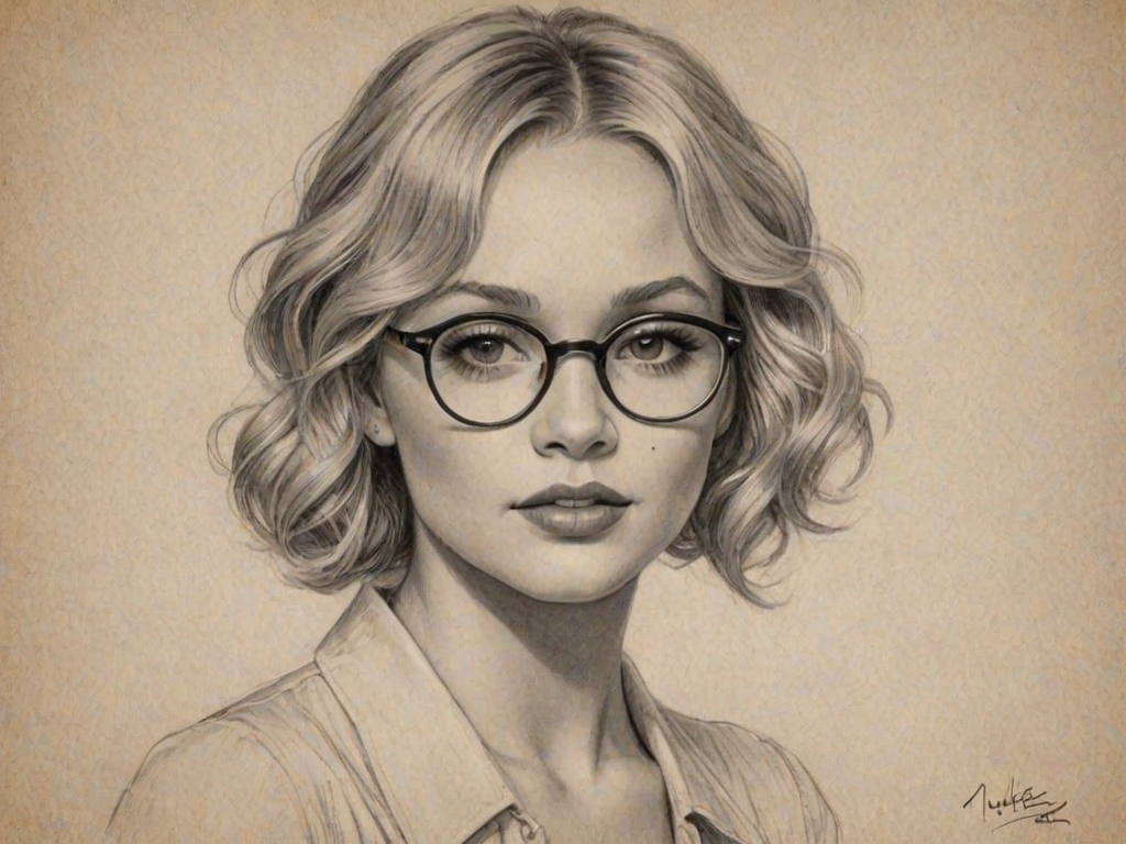 Alluring Natalie Alyn Lind, pencil sketch, portrait of Dazzling woman 1928s in glasses, hair style beatnik, outline, clear lines, fine lines, 8k