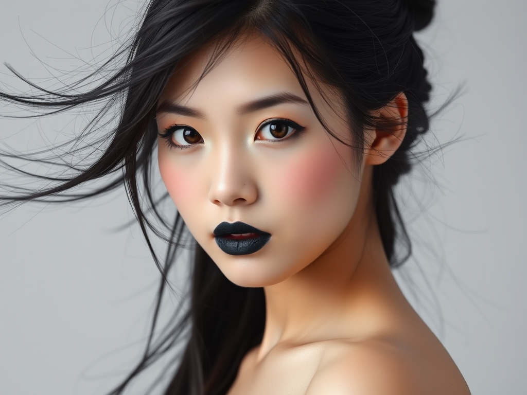 Photographic image of a beautiful young Ainu woman, brown eyes, lips with black lipstick, long hair fluttering in the wind and wearing a silk strapless dress with a soft purple and orange print. monochrome image with only color highlights in the iris of the eyes, lipstick and dress. Gray background.