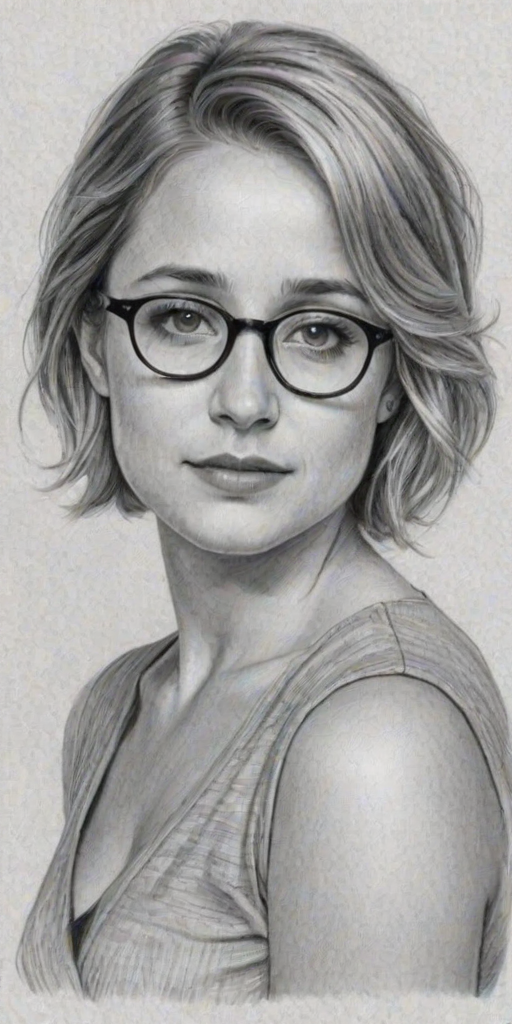 Sublime Allison Mack, pencil sketch, portrait of Gorgeous woman 1935s in glasses, hair style beatnik, outline, clear lines, fine lines, 8k
