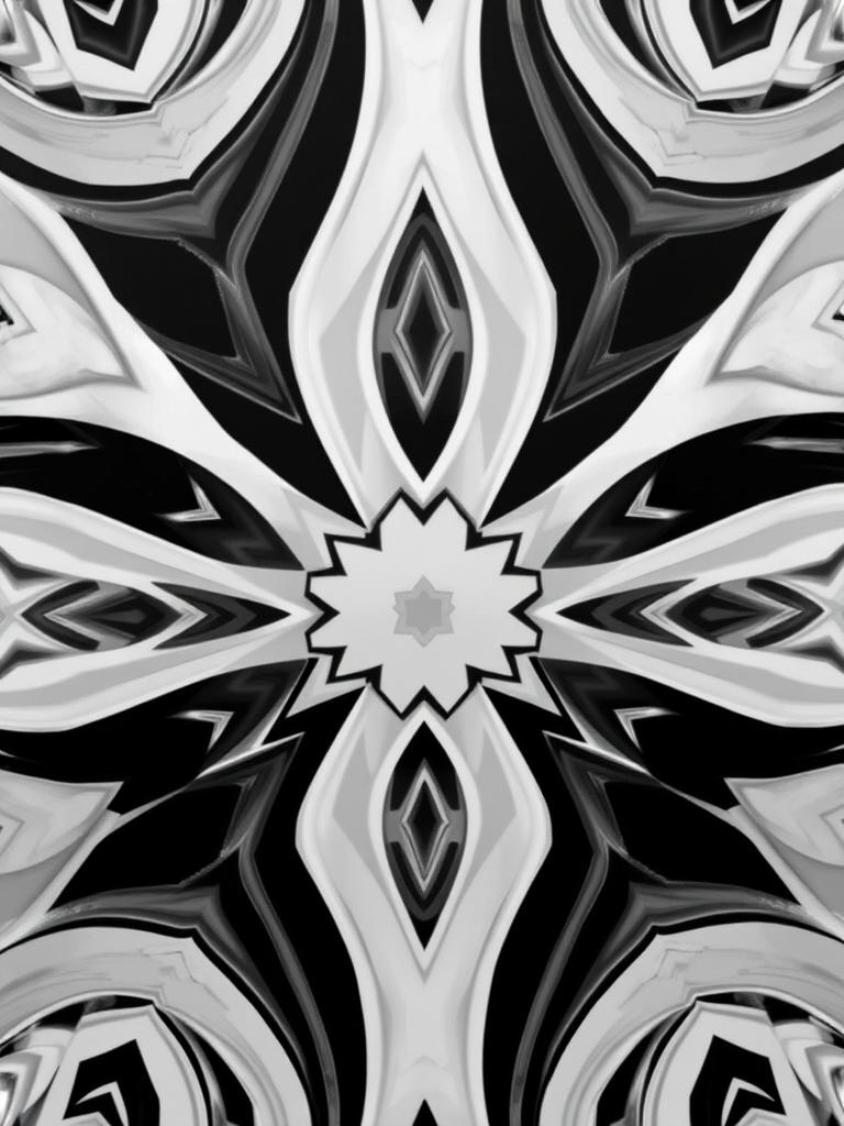 Create a high-resolution abstract black and white geometric design with intricate patterns, using a DSLR camera with a 50mm lens, f/1.8 aperture, ISO 100, and a top-down view to enhance detail and clarity.