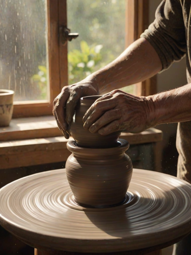 Sharp, detailed image of a pottery wheel in motion, hands shaping a vase from wet clay, sunlight streaming through a nearby window, soft shadows cast on the workbench, the smell of damp earth and the soft hum of the wheel filling the air.