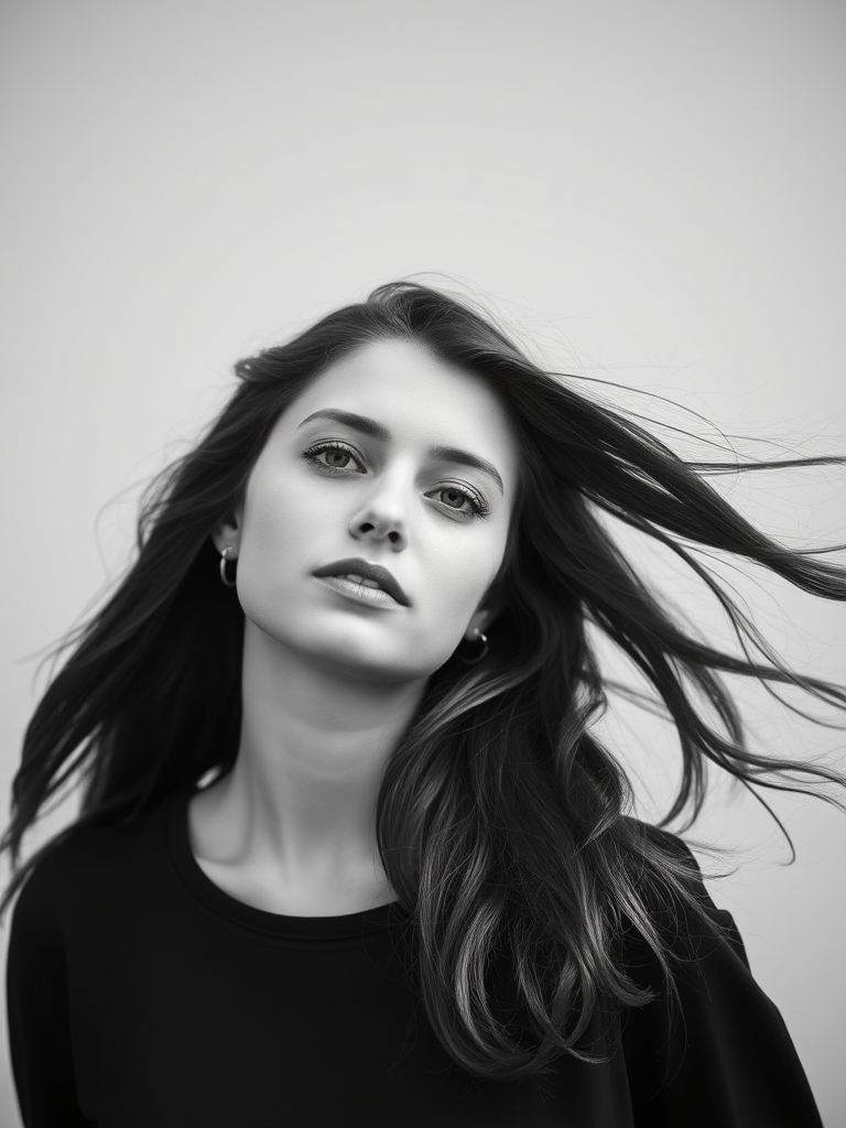 create a high-contrast black and white portrait of a young woman with flowing hair against a light gray background, using a DSLR camera with a 50mm lens, f/1.8 aperture, ISO 100, capturing in natural light for soft shadows and detailed textures