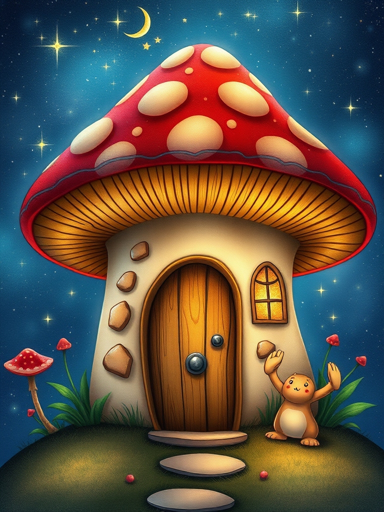 create illustration of a mushroom house with a door and a window, a storybook , fantasy art, mushroom house, bg starry sky, sparkles